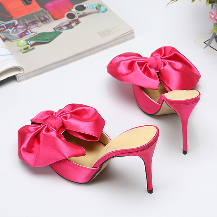 Big Bow Peach Pink Silk Stilettos