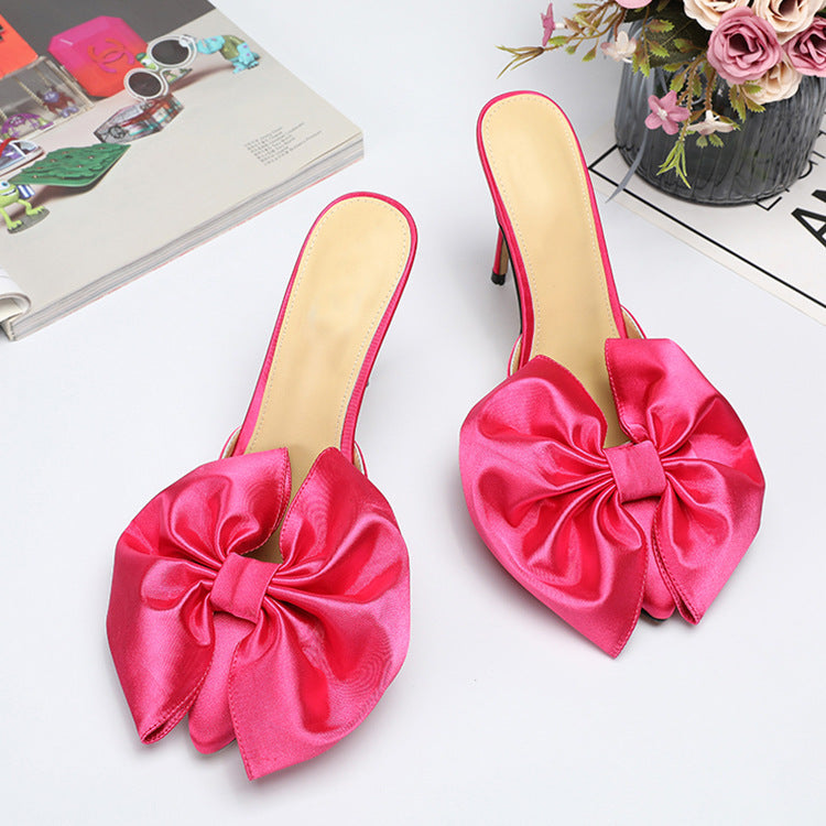 Big Bow Peach Pink Silk Stilettos