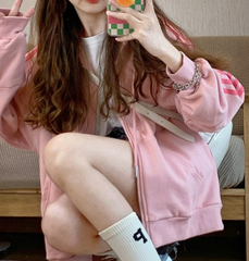 Sudadera con capucha rosa extragrande con cremallera y estampado de personalidad