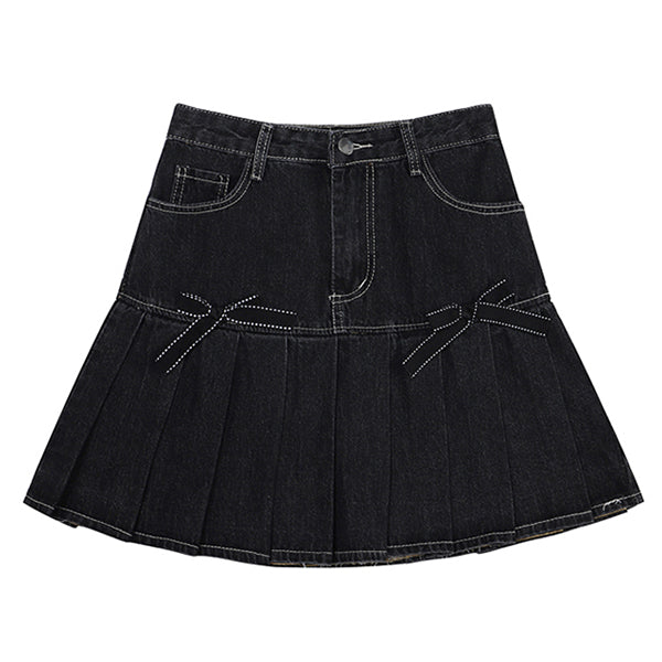 Bow Denim Pleated Skirt