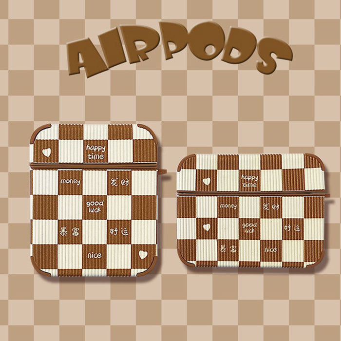 Estuche para Airpods con diseño de tablero de ajedrez marrón