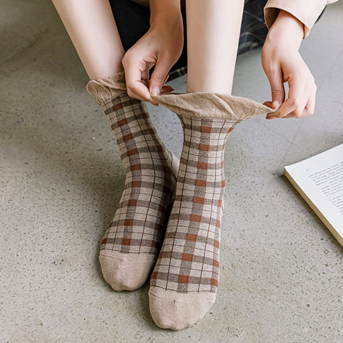 Brown Plaid Frilly Socks