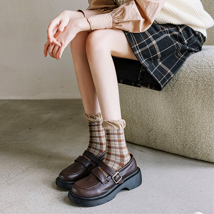 Brown Plaid Frilly Socks