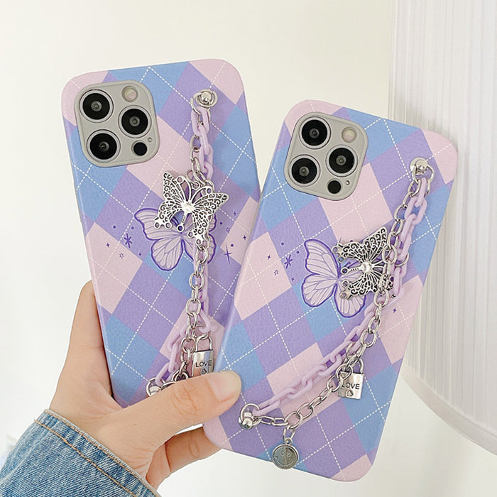 Funda para iPhone con diseño de rombos y cadena de mariposas