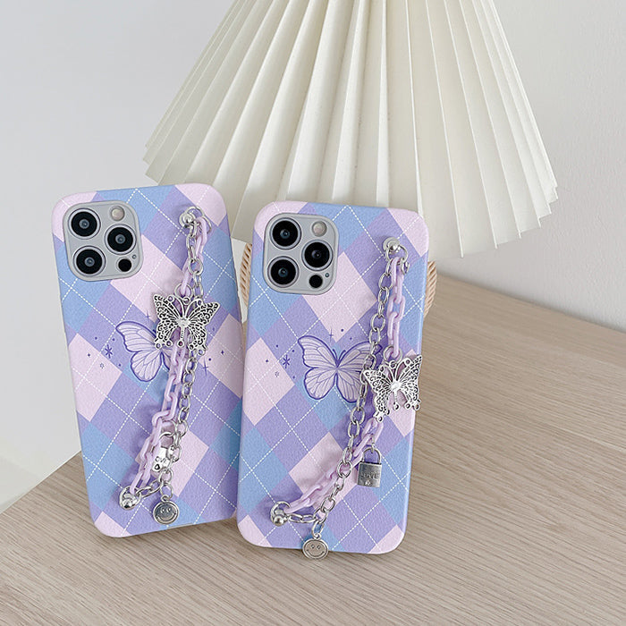 Funda para iPhone con diseño de rombos y cadena de mariposas