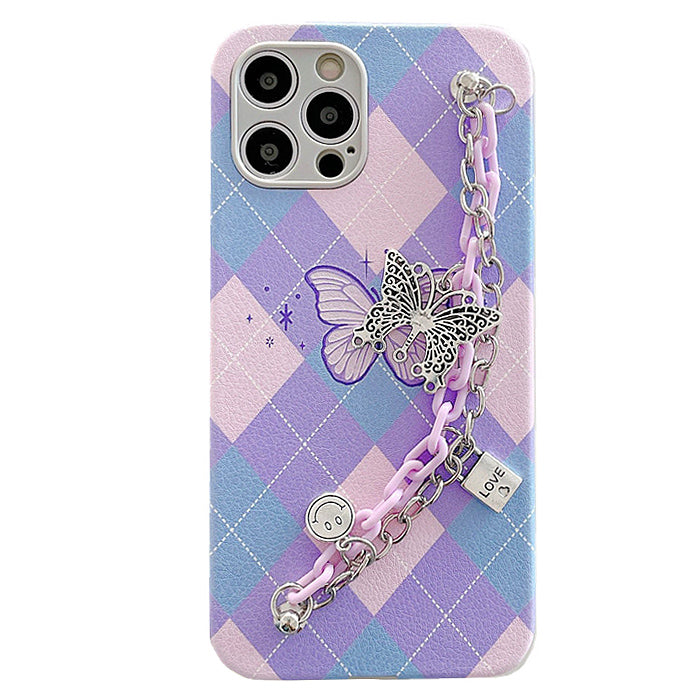 Funda para iPhone con diseño de rombos y cadena de mariposas