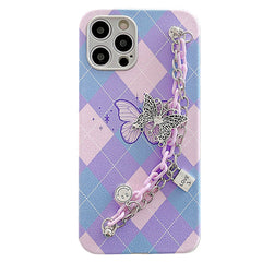 Funda para iPhone con diseño de rombos y cadena de mariposas