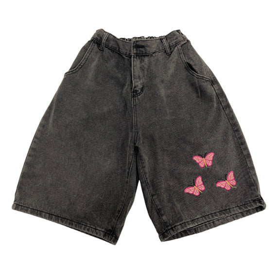 Shorts vaqueros con bordado de mariposas