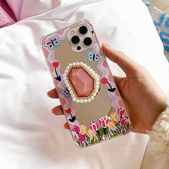 Funda para iPhone con diseño de mariposa y flor y perla