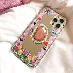 Funda para iPhone con diseño de mariposa y flor y perla