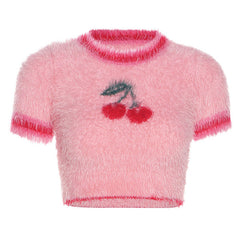 Flauschiges Crop-Top mit Kirschmuster