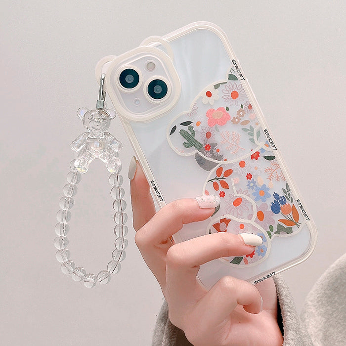 Funda para iPhone con cadena de oso floral