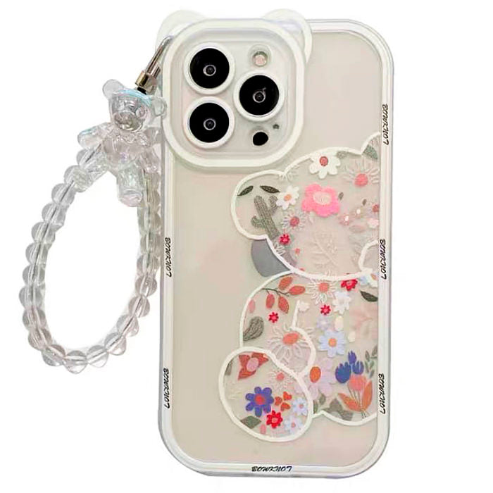 Funda para iPhone con cadena de oso floral