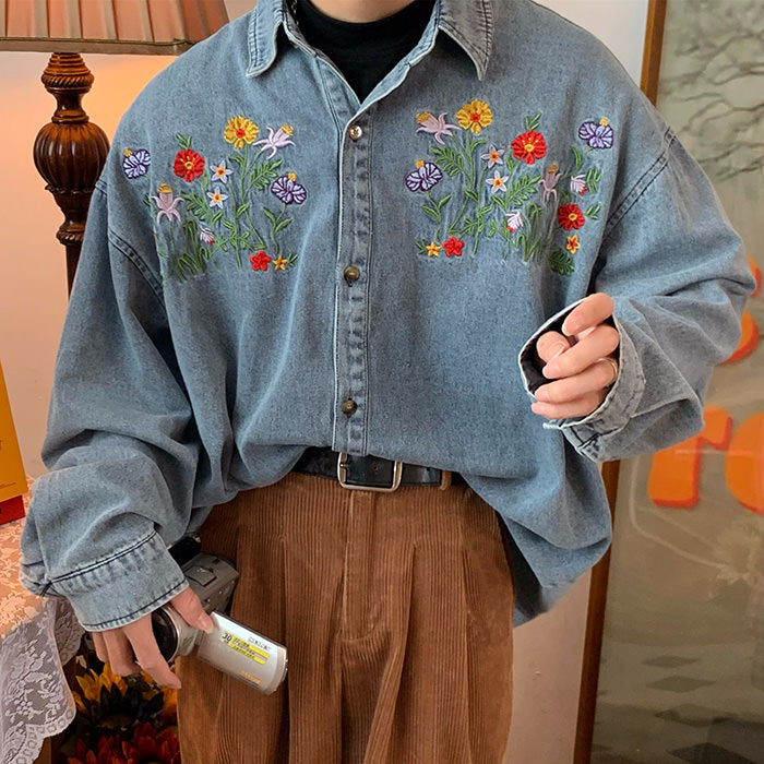 Floral Embroidery Vintage Denim Shirt