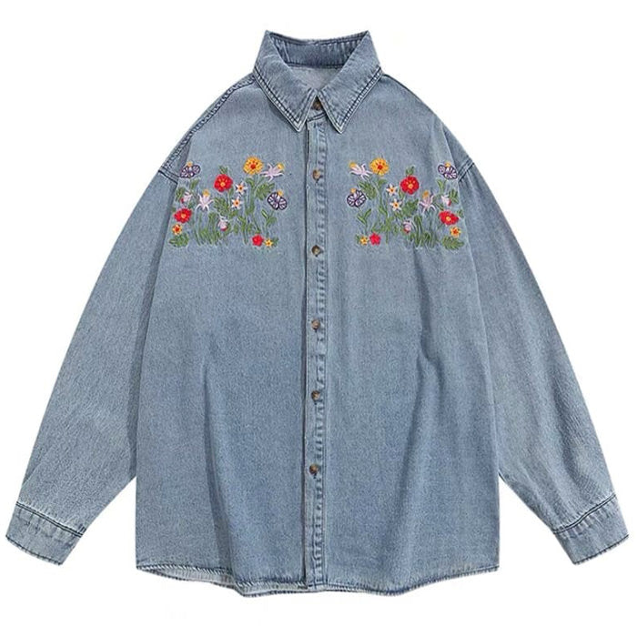 Floral Embroidery Vintage Denim Shirt