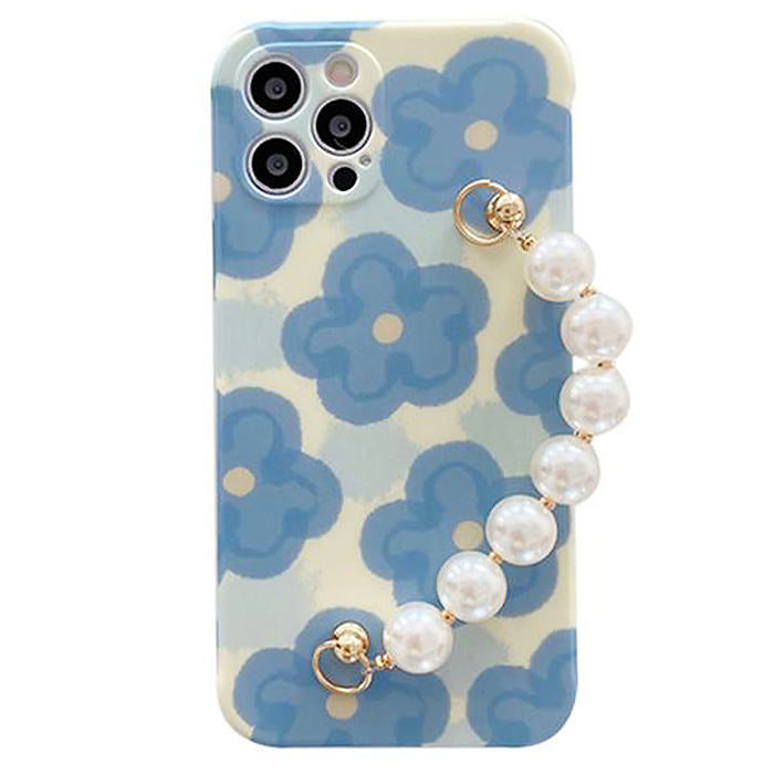 Funda para iPhone con cadena de perlas y flores 