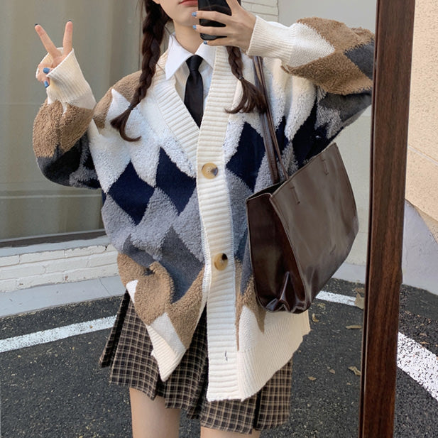 Grandma Aesthetic Argyle Cardigan