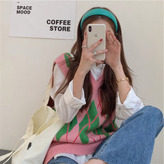 Green & Pink Argyle Vest