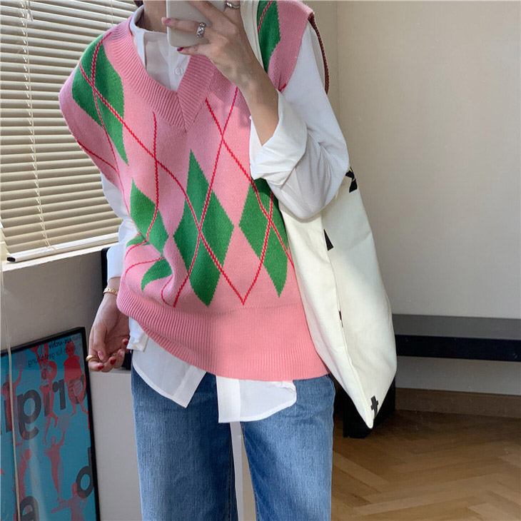 Green & Pink Argyle Vest