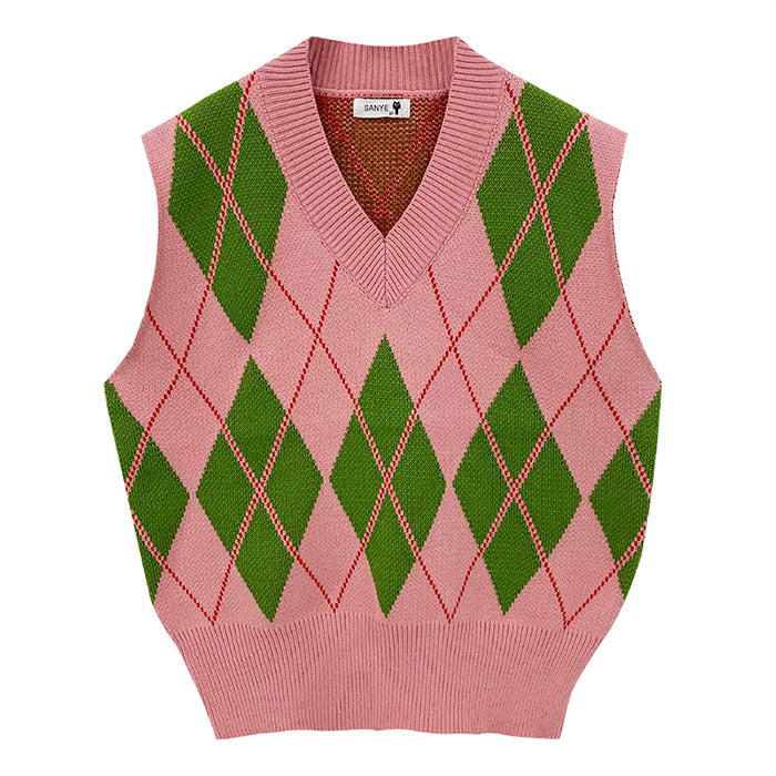 Green & Pink Argyle Vest