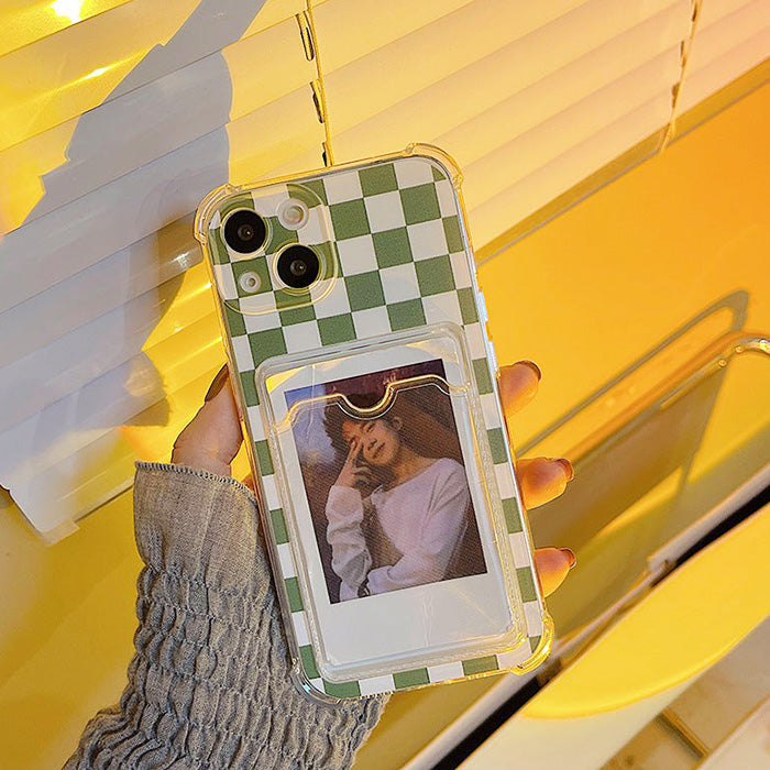 Funda para iPhone con portafotos a cuadros verdes