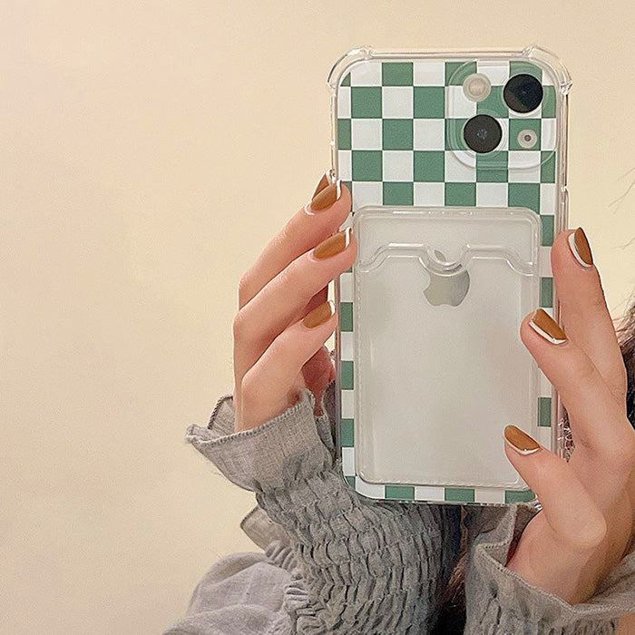 Funda para iPhone con portafotos a cuadros verdes