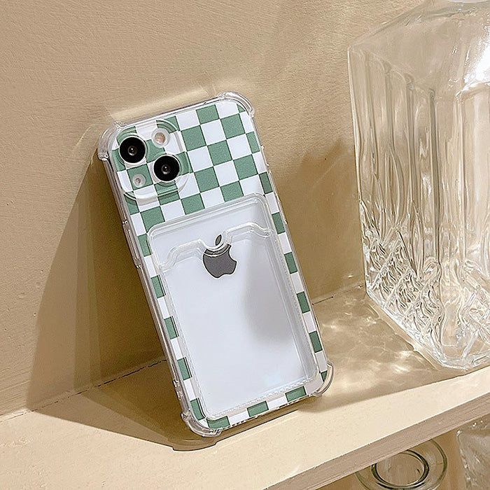 Funda para iPhone con portafotos a cuadros verdes