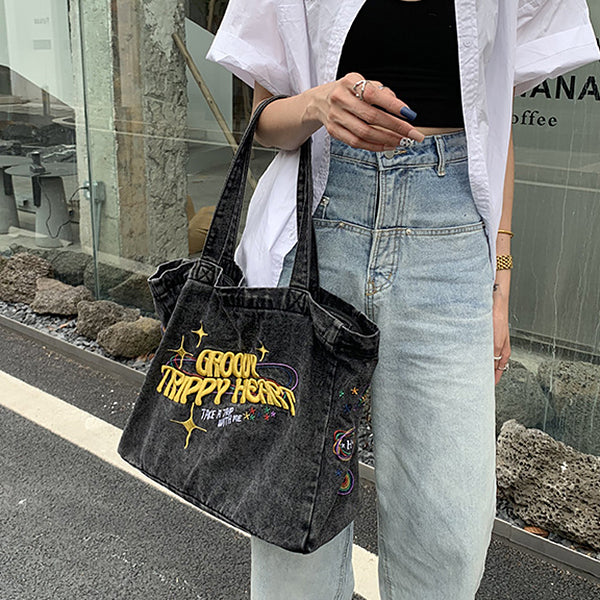 Groovy Trippy Heart Denim Bag