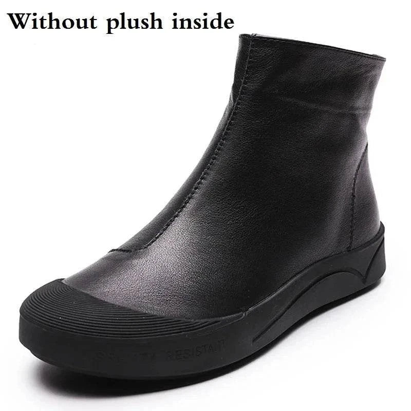 Flat Leather Ankle Black Boots for Women