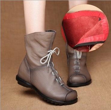 Retro-Style Handmade Black Leather Boots for Women