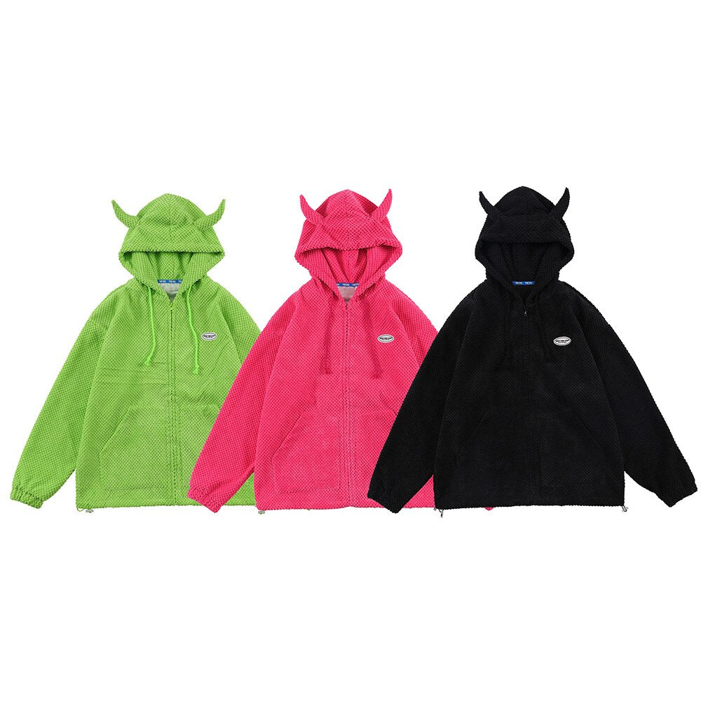 Sudadera unisex con capucha verde mística y cuernos de demonio