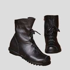 Retro-Style Handmade Black Leather Boots for Women