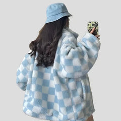 Mid-Length Reversible Checker Plaid Jacket for Women