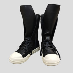 Leather Sneakers  Black Round Toe High-top Unisex