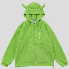 Sudadera unisex con capucha verde mística y cuernos de demonio