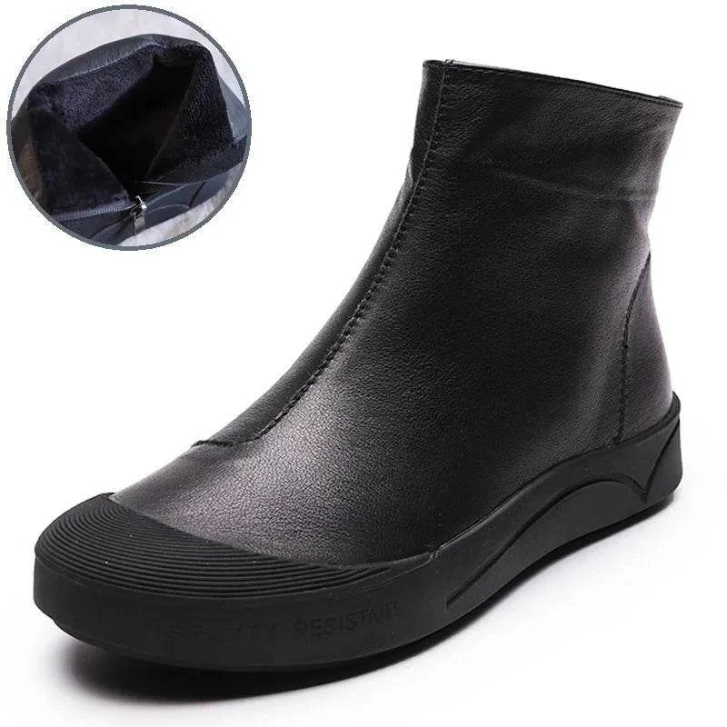 Flat Leather Ankle Black Boots for Women