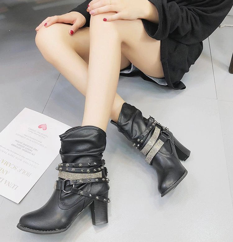 Mid-Calf PU Leather Ankle Boots With Buckles