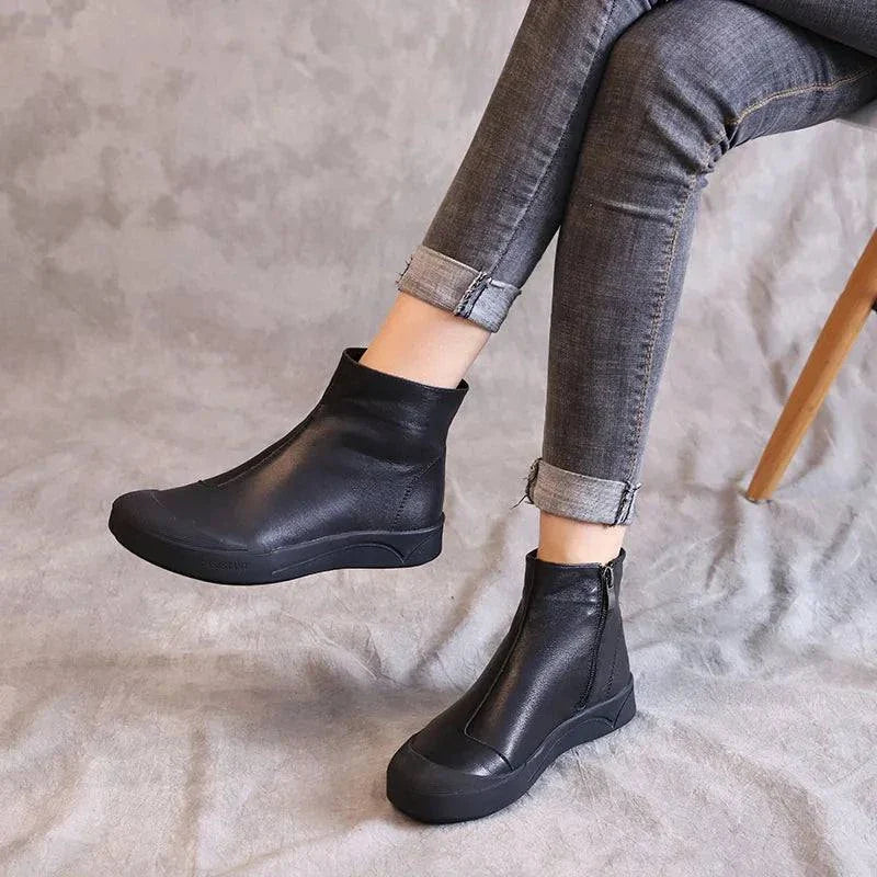 Flat Leather Ankle Black Boots for Women