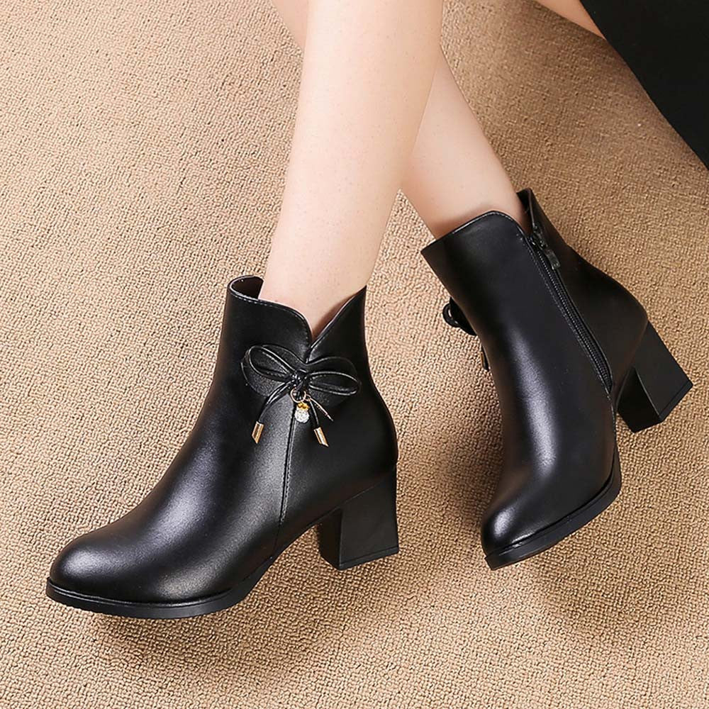 PU Leather Heeled Ankle Boots With Decorative Bow