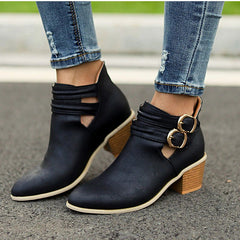 Casual Buckle Ankle Boots With Wooden Heels