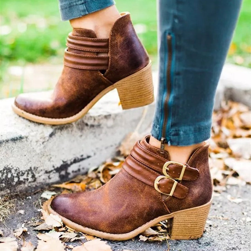 Casual Buckle Ankle Boots With Wooden Heels