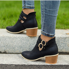 Casual Buckle Ankle Boots With Wooden Heels