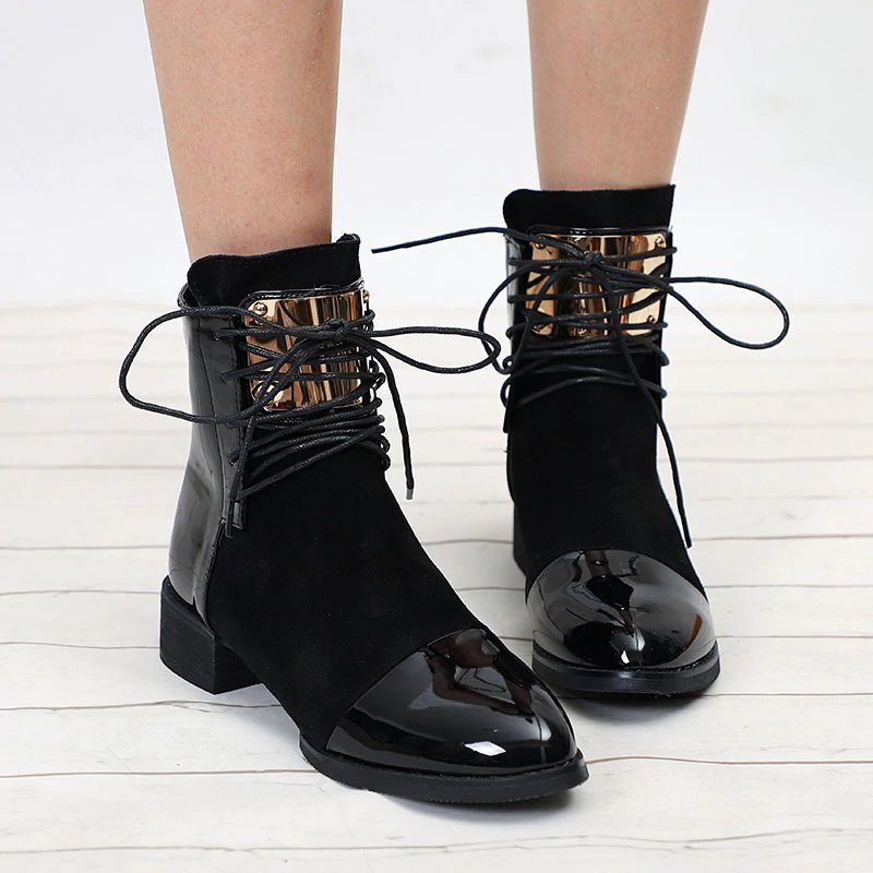 Patent Leather Low-Heeled Ankle Boots