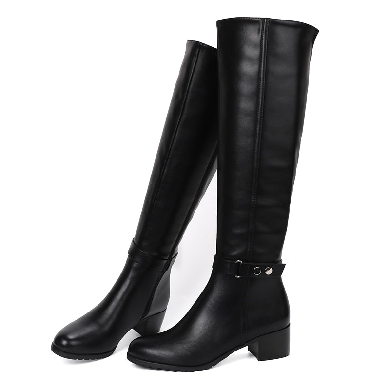 Leather Round Toe High Boots