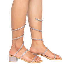 Long-Strap Serpentine Gladiator Sandals With Rhinestones