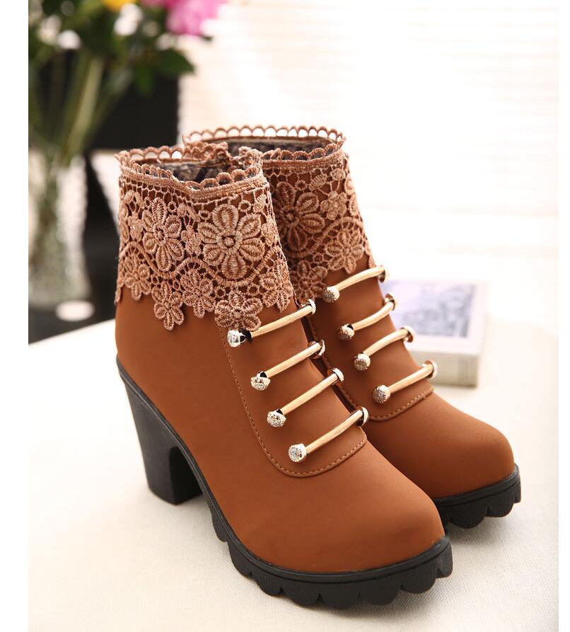 PU Leather Round Toe Ankle Boots Decorated With Lace