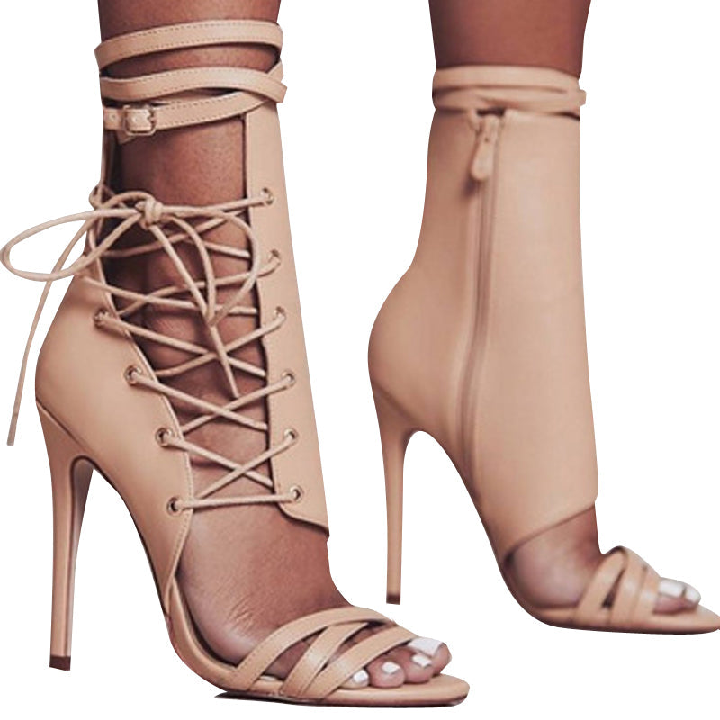 PU High-Heeled Lace-Up Sandals