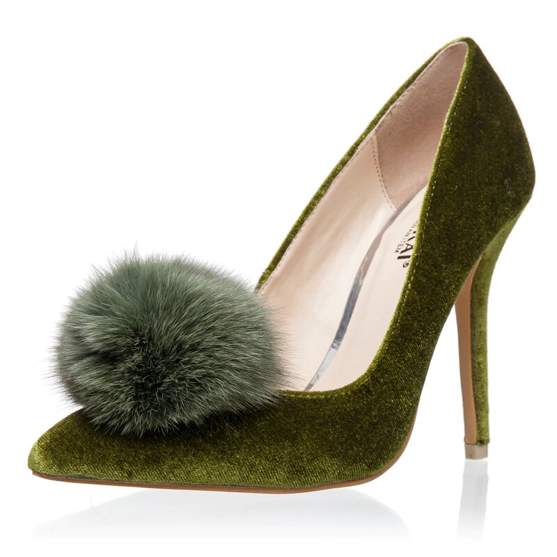 High-Heeled Velvet Pumps With Fur Pom-Pom