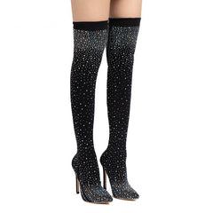 Stretch Heeled Over-The-Knee High Boots Decorated With Crystals