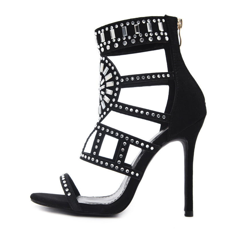 Flock High-Heeled Ankle-Wrap Sandals With Rhinestones